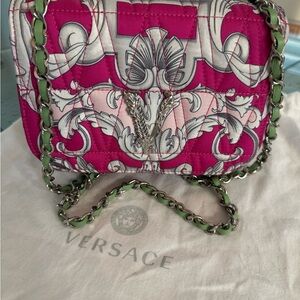 Versace Minaudière Pink Paisley Print Silver-Tone Hardware Lime Green Interior